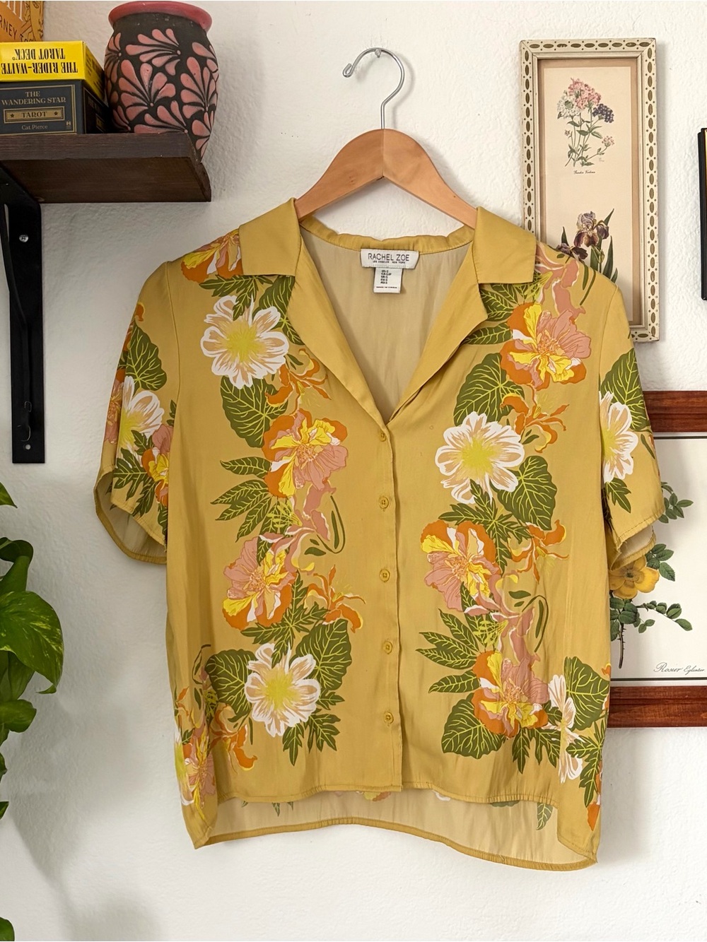 Rachel Zoe Yellow Floral Button-Front Camp Shirt Small Beachy Vibe